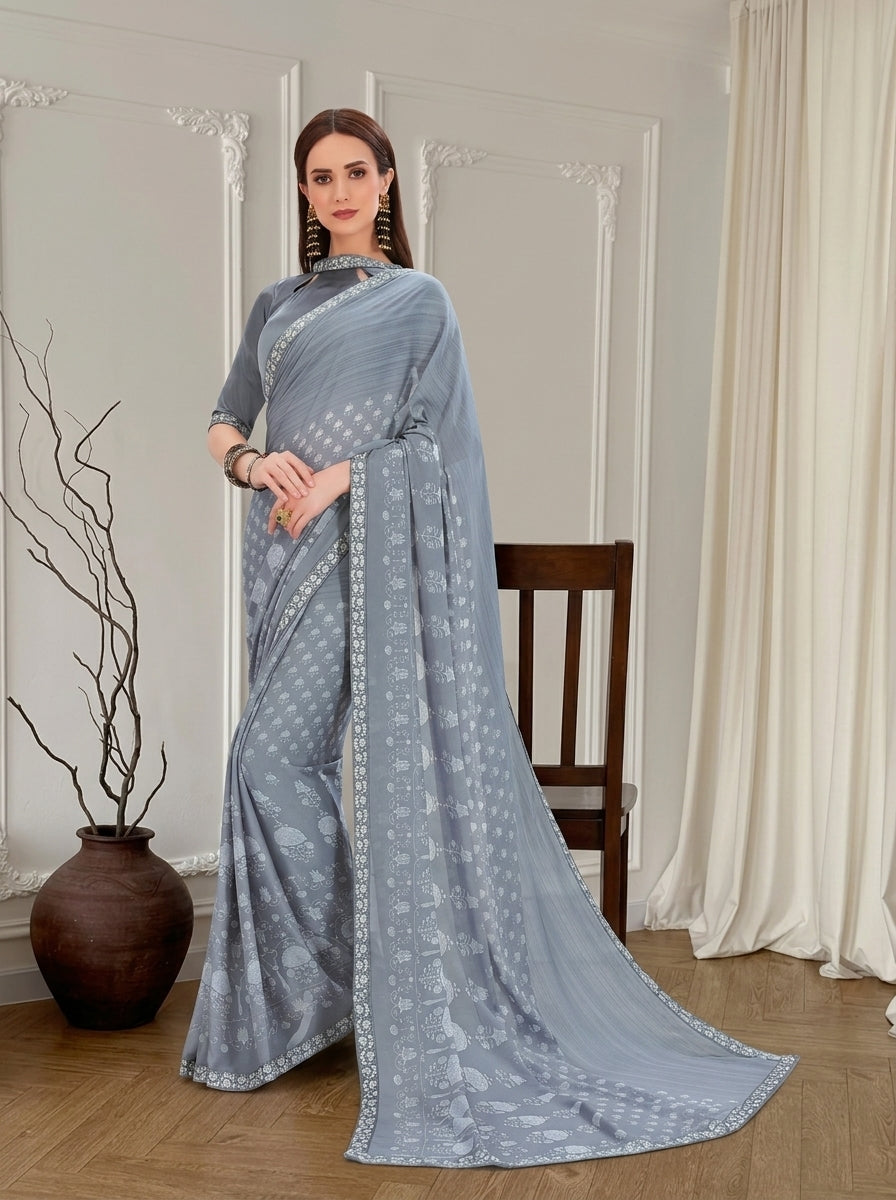 Grey Kriva Georgette Printed Saree with Art Silk Lace Blouse Piece