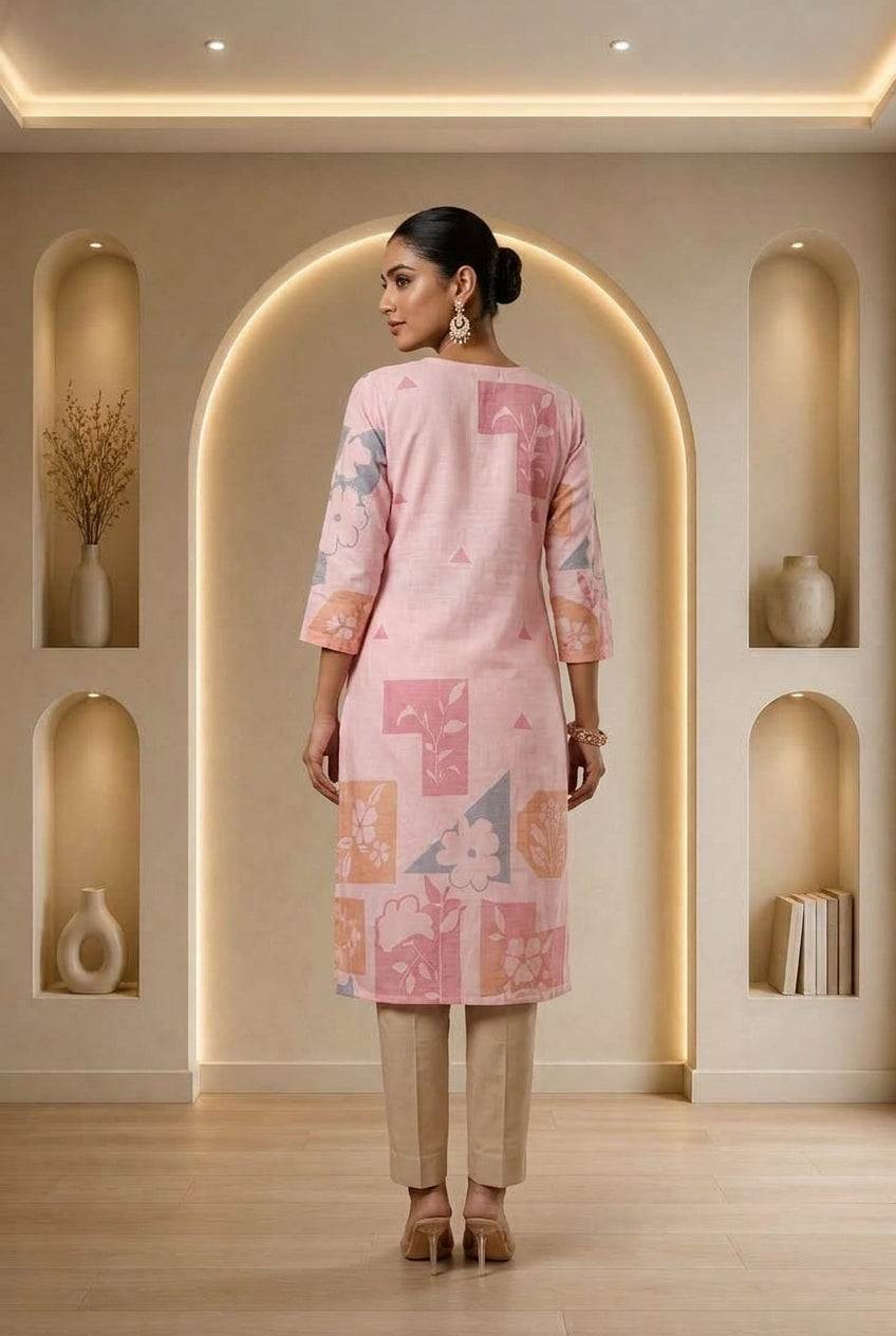 Pink Printed Linen Kurta