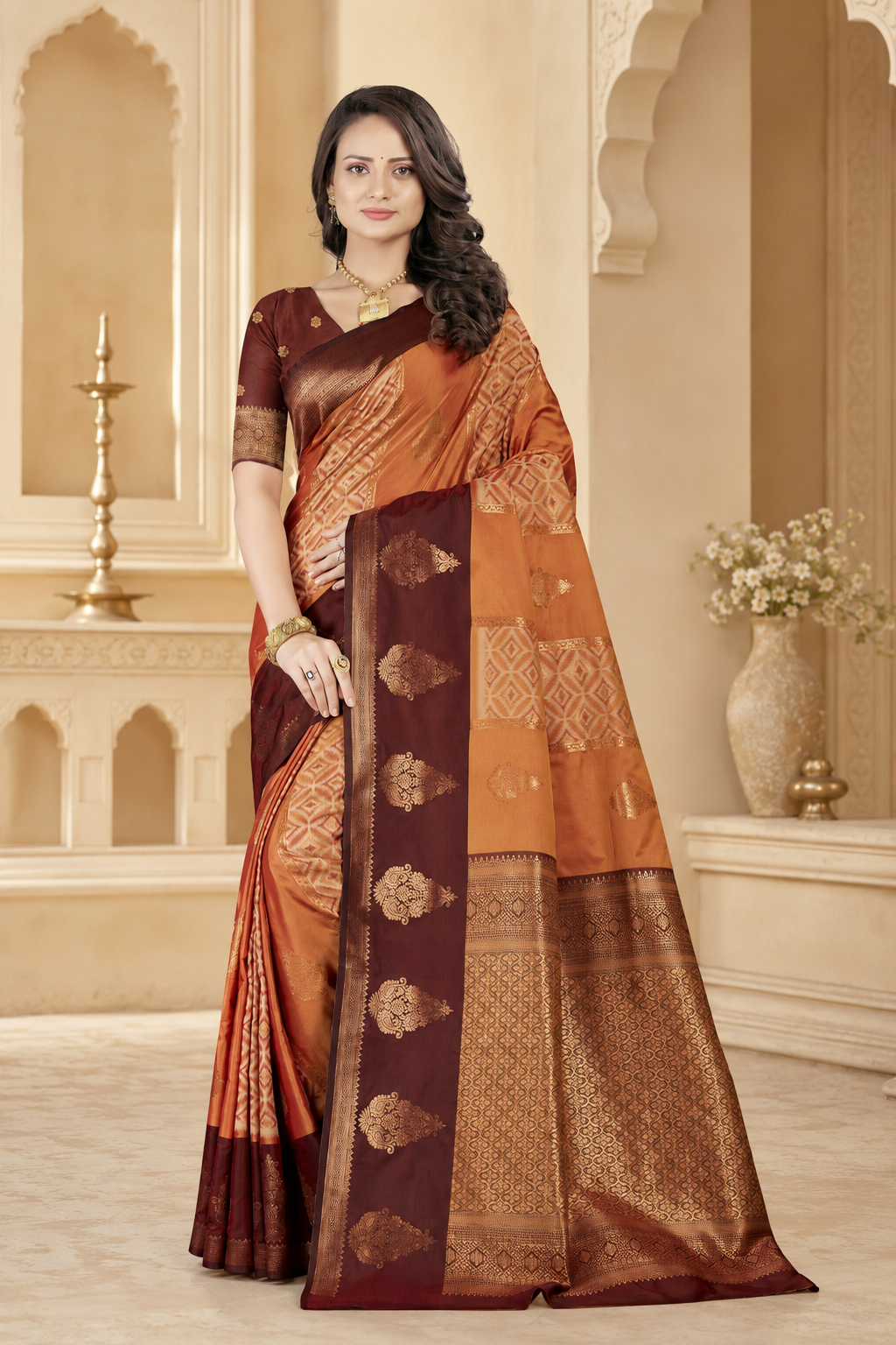 Satin Silk Saree with Gold Zari Geometric Meena Weave & Pallu Blouse Piece