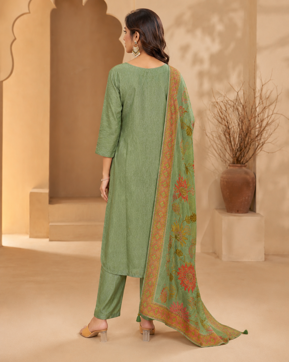 Dola Silk Kardana Hand-Work 3-Piece Kurti Set with Digital Floral Print Dupatta