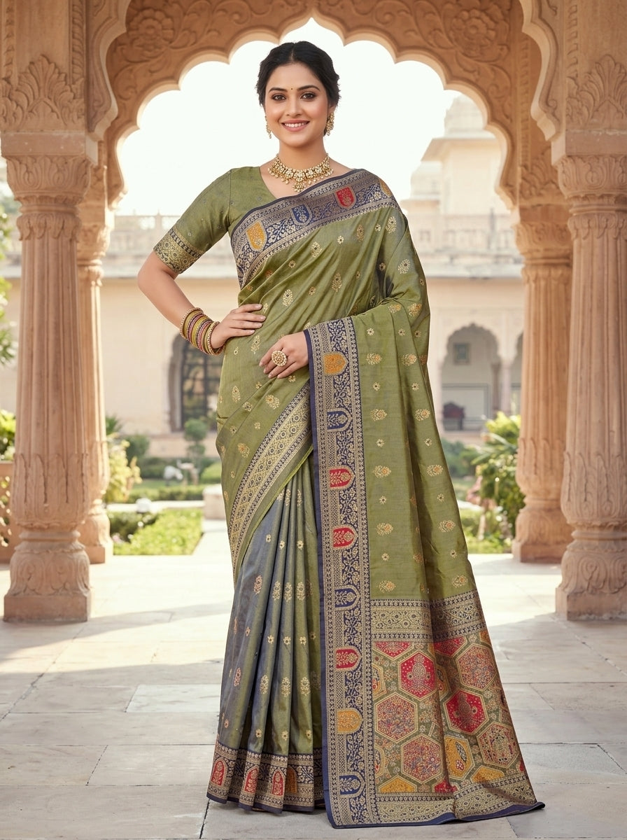 Weaving Silk Saree with Zari Butta & Meenakari Border Blouse Piece