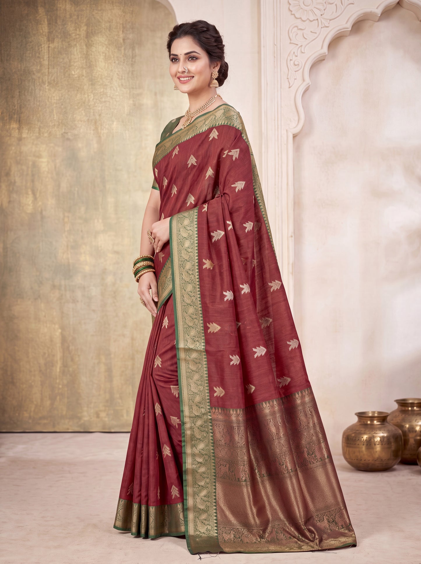 Cotton Silk Saree with Zari Butta & Gold-Green Woven Border Blouse Piec