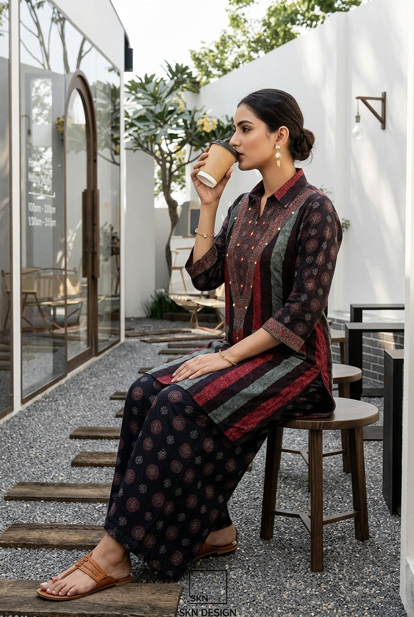 Regal Mosaic Natural Crepe Co-Ord Set