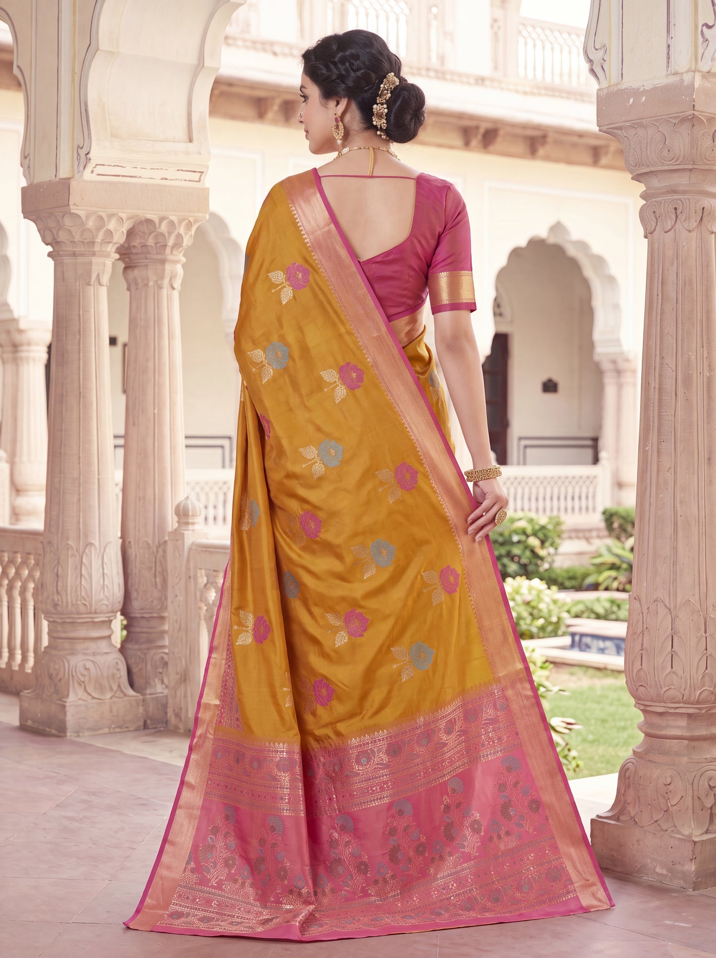 Soft Silk Saree with Meenakari Floral Butta & Pink Woven Border Blouse Piece
