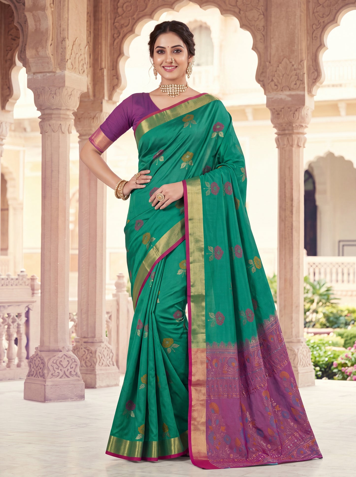 Soft Silk Saree with Meenakari Floral Butta & Pink Woven Border Blouse Piece