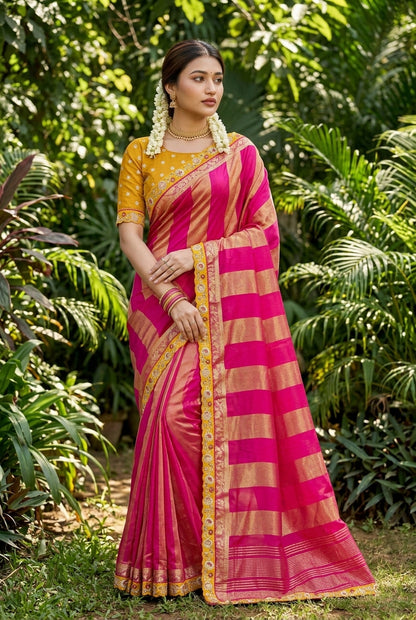 Rani Royale – Pink & Gold Viscose Saree with Blouse Piece