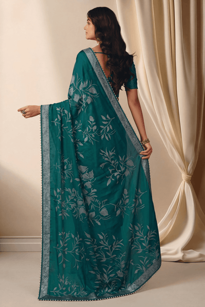 Rama Green Printed Kriva Georgette Saree with Art Silk Lace Blouse