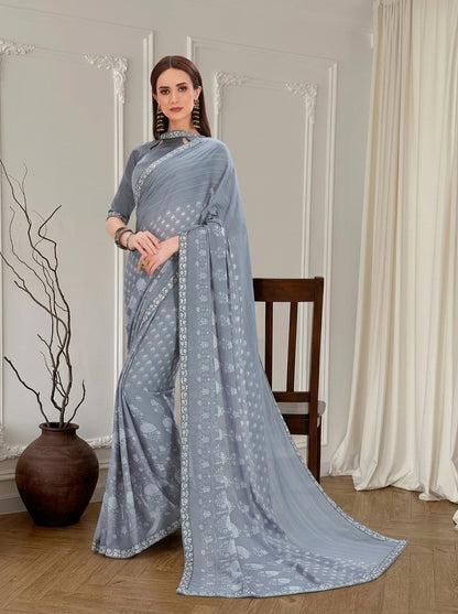 Grey Kriva Georgette Printed Saree with Art Silk Lace Blouse Piece