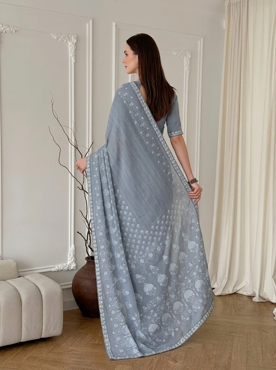 Grey Kriva Georgette Printed Saree with Art Silk Lace Blouse Piece