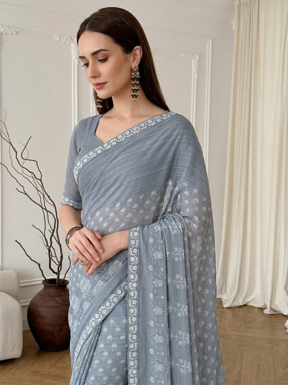 Grey Kriva Georgette Printed Saree with Art Silk Lace Blouse Piece