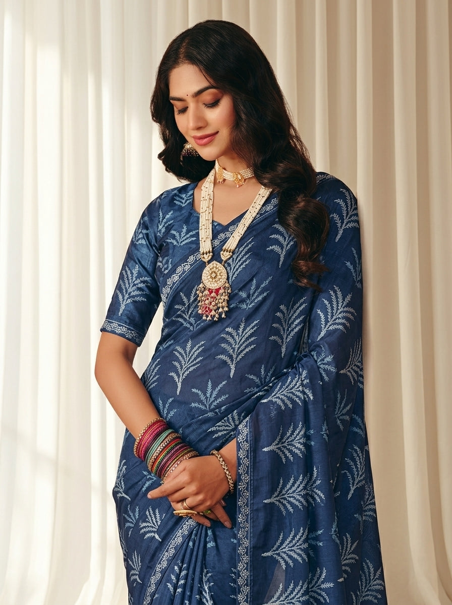 Navy Blue Kriva Georgette Printed Saree with Lace Blouse Piece