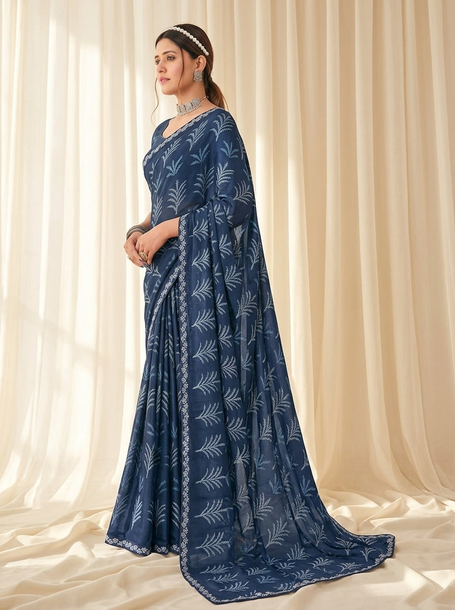 Navy Blue Kriva Georgette Printed Saree with Lace Blouse Piece