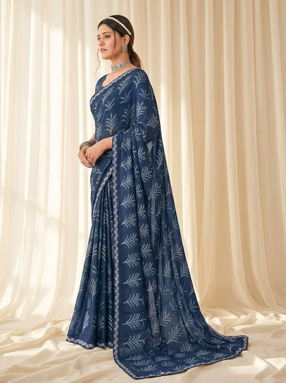 Navy Blue Kriva Georgette Printed Saree with Lace Blouse Piece