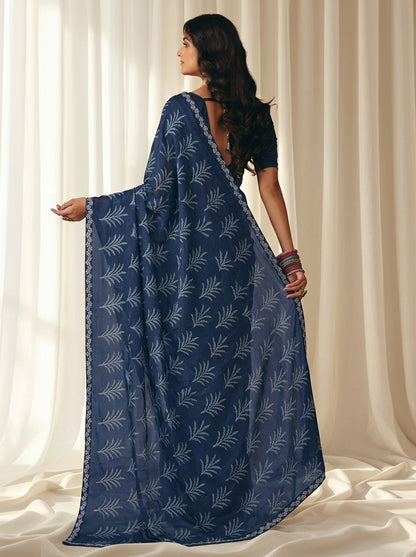 Navy Blue Kriva Georgette Printed Saree with Lace Blouse Piece