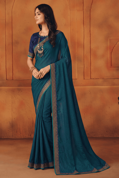 Dark Green Kriva Georgette Printed Saree with Art Silk Lace Blouse Piece
