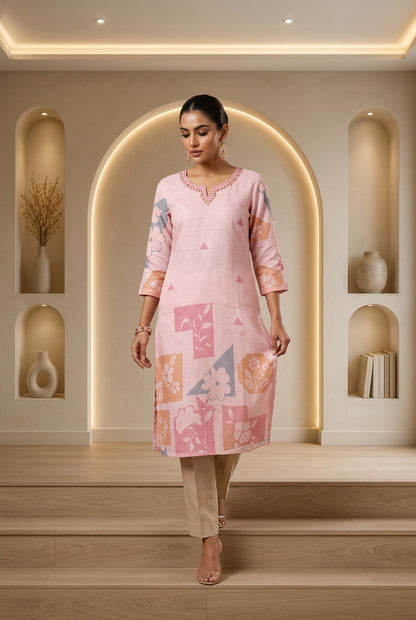 Pink Printed Linen Kurta