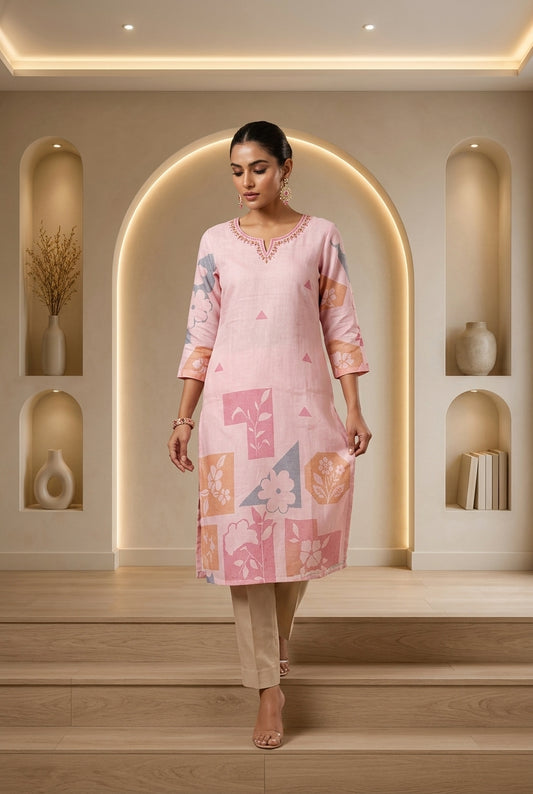 Pink Printed Linen Kurta