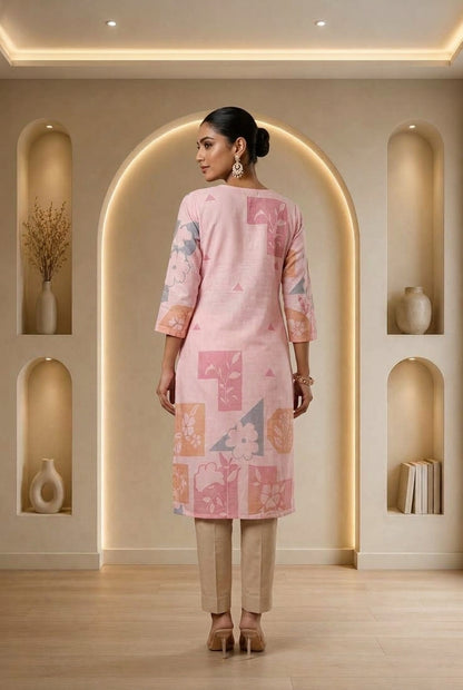 Pink Printed Linen Kurta