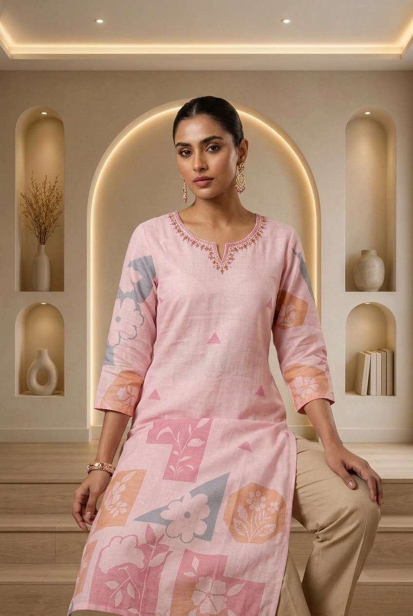 Pink Printed Linen Kurta