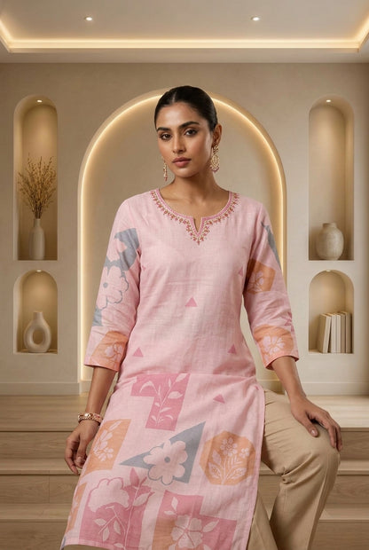 Pink Printed Linen Kurta