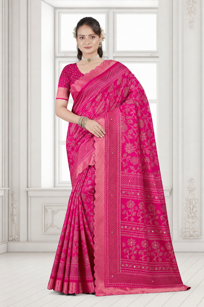 Dola Silk Floral Mirror Work Saree with Blouse Piece