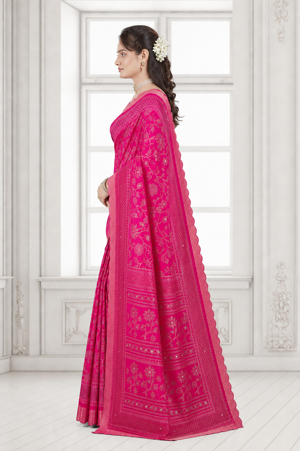 Dola Silk Floral Mirror Work Saree with Blouse Piece