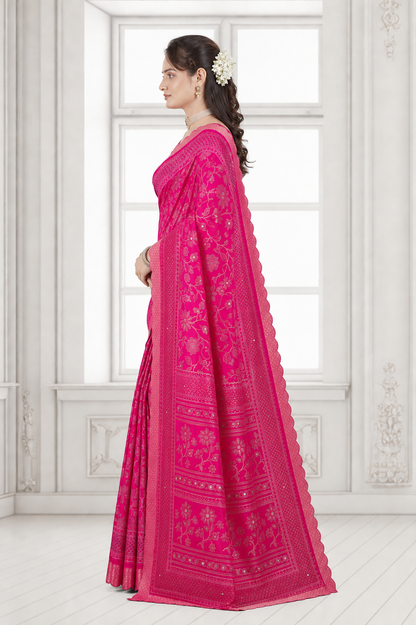 Dola Silk Floral Mirror Work Saree with Blouse Piece