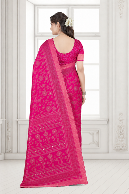 Dola Silk Floral Mirror Work Saree with Blouse Piece