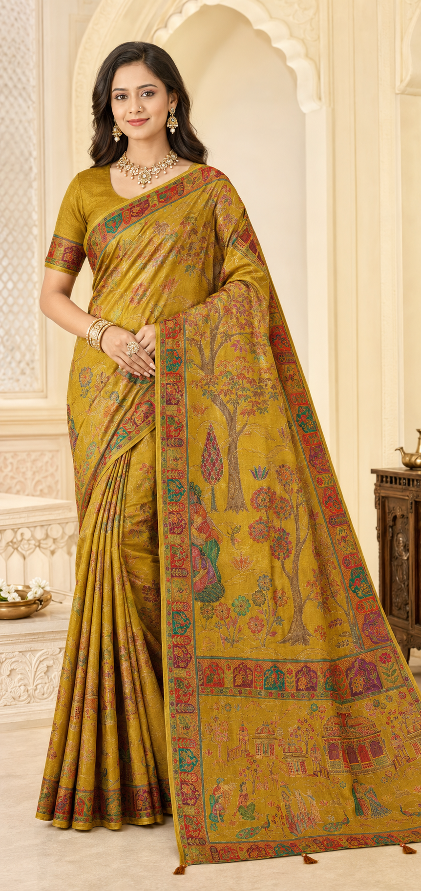 Pure Viscose Zari Work Digital Print Saree with Blouse Piece