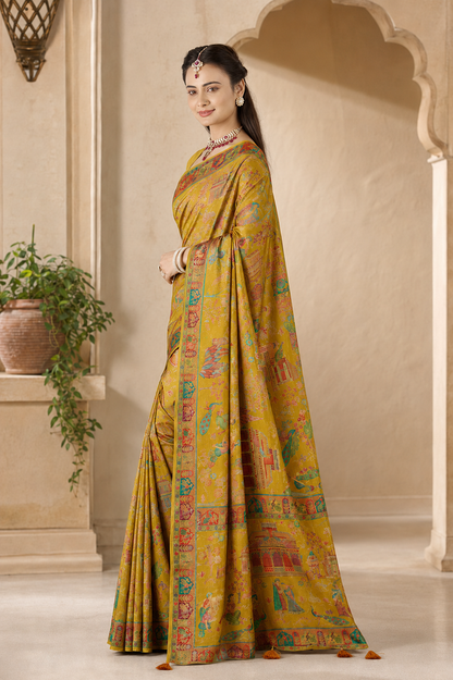 Pure Viscose Zari Work Digital Print Saree with Blouse Piece