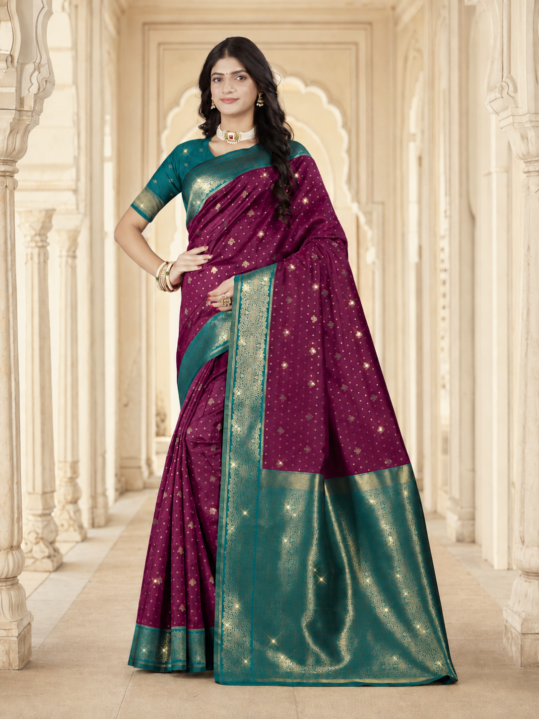 Weaving Silk Siroski Work Saree with Blouse Piece