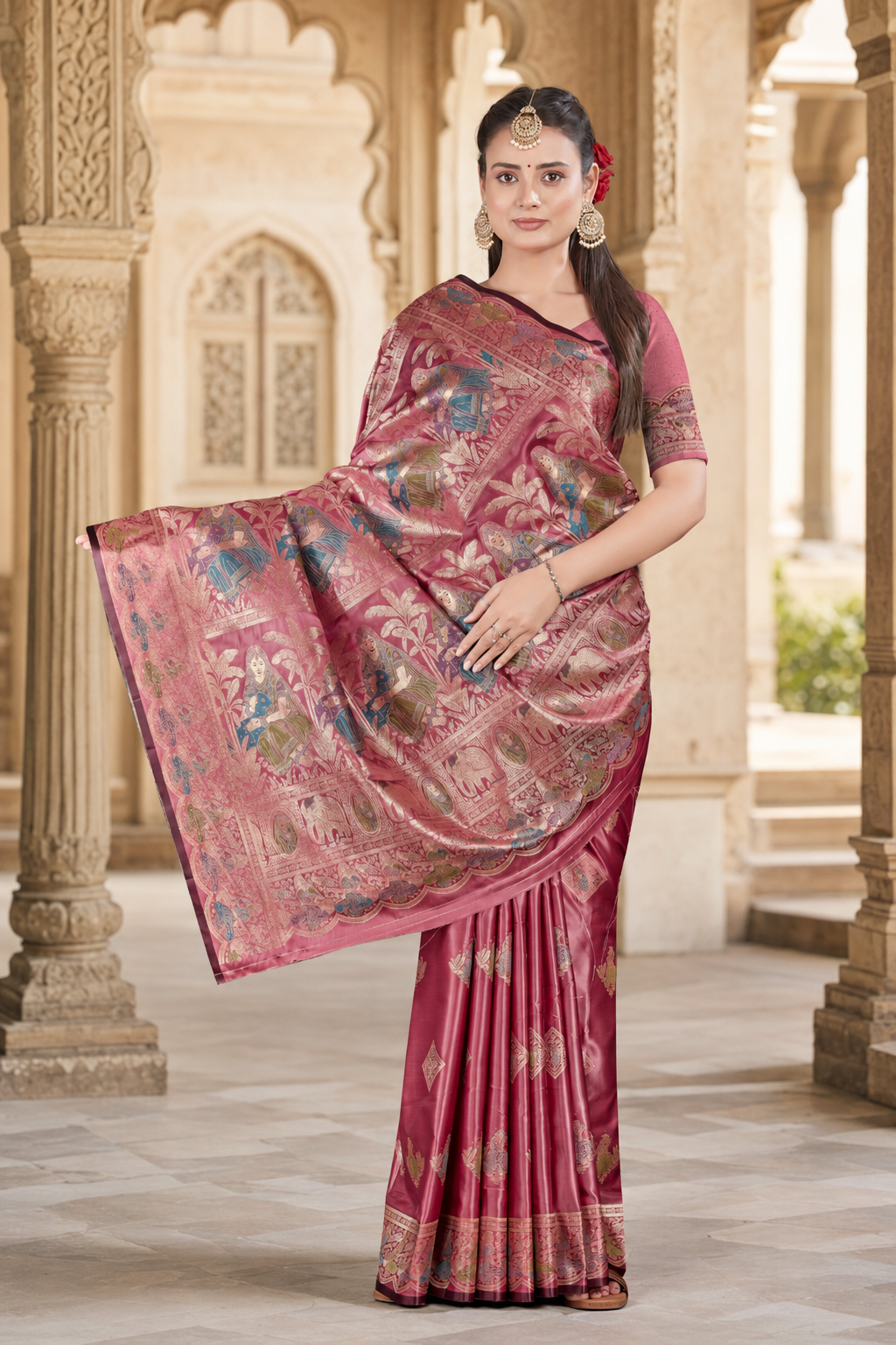 Pure Satin Silk Saree with Meena Zari Weave & Geometric Pallu Blouse Piece