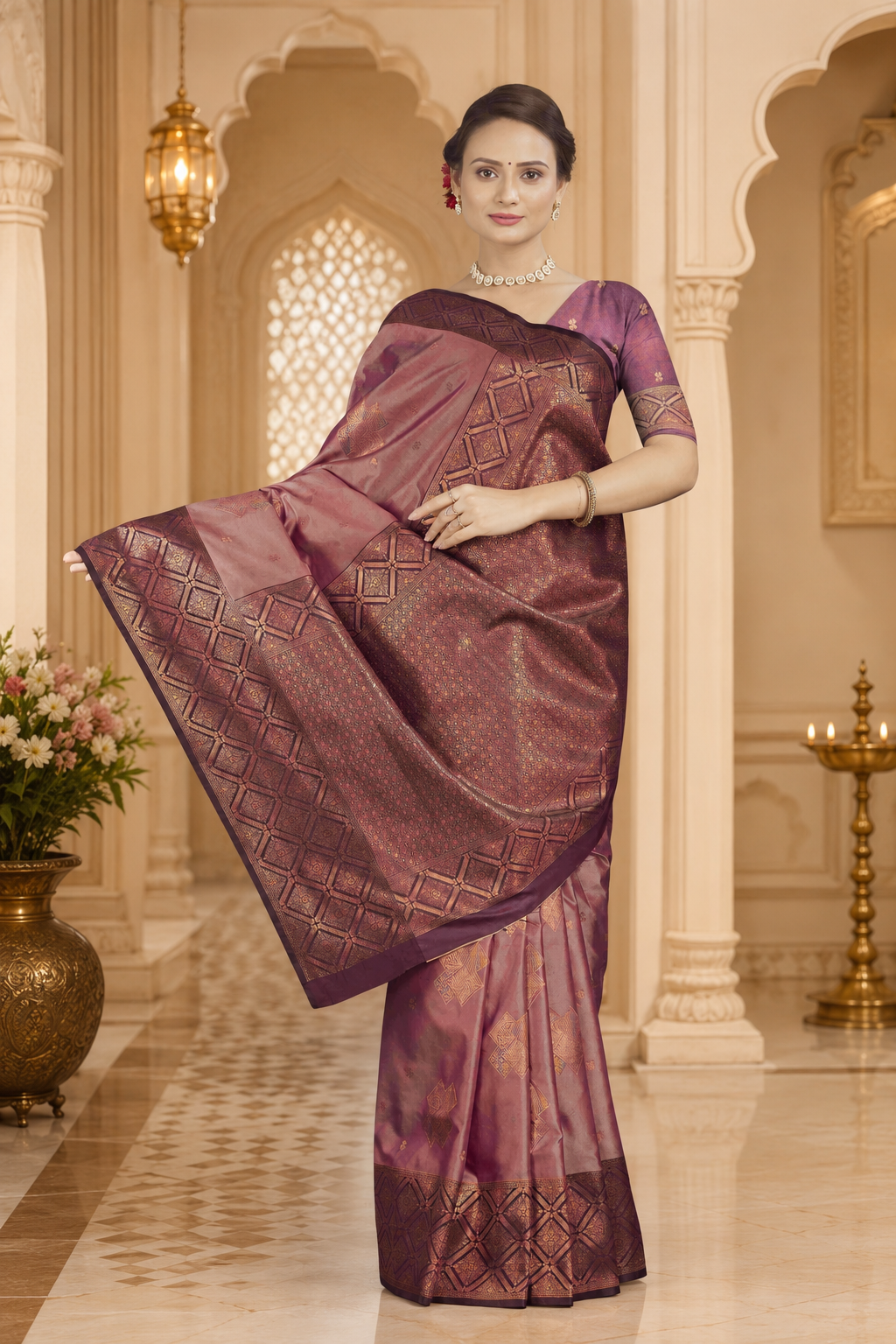 Satin Silk Saree with Geometric Meena Zari Weave & Pallu Blouse Piece