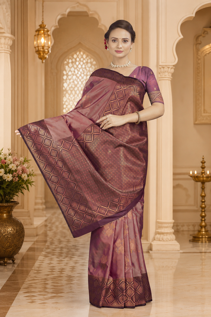 Satin Silk Saree with Geometric Meena Zari Weave & Pallu Blouse Piece