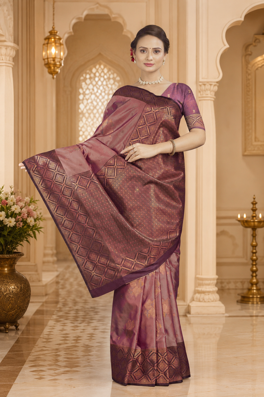 Satin Silk Saree with Geometric Meena Zari Weave & Pallu Blouse Piece