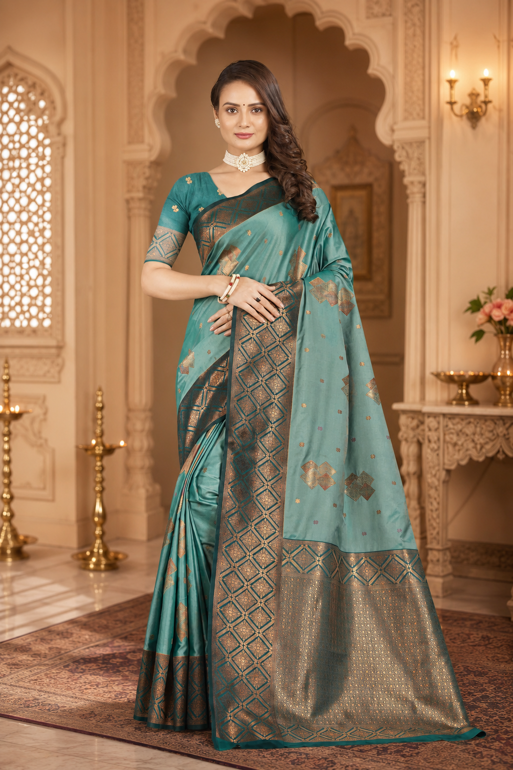 Satin Silk Saree with Geometric Meena Zari Weave & Pallu Blouse Piece