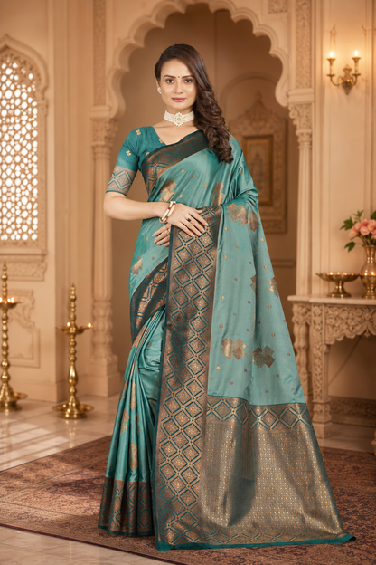 Satin Silk Saree with Geometric Meena Zari Weave & Pallu Blouse Piece