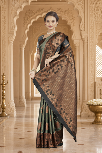 Satin Silk Saree with Geometric Meena Zari Weave & Pallu Blouse Piece