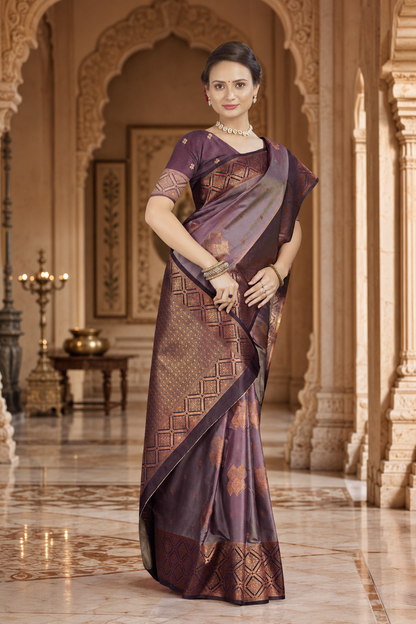 Satin Silk Saree with Geometric Meena Zari Weave & Pallu Blouse Piece