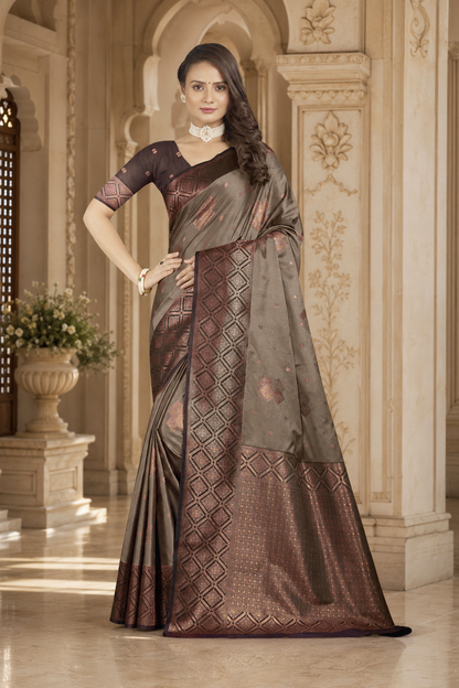 Satin Silk Saree with Geometric Meena Zari Weave & Pallu Blouse Piece