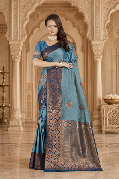 Satin Silk Saree with Geometric Meena Zari Weave & Pallu Blouse Piece