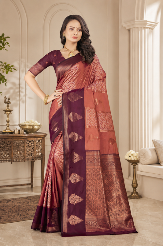 Satin Silk Saree with Gold Zari Geometric Meena Weave & Pallu Blouse Piece
