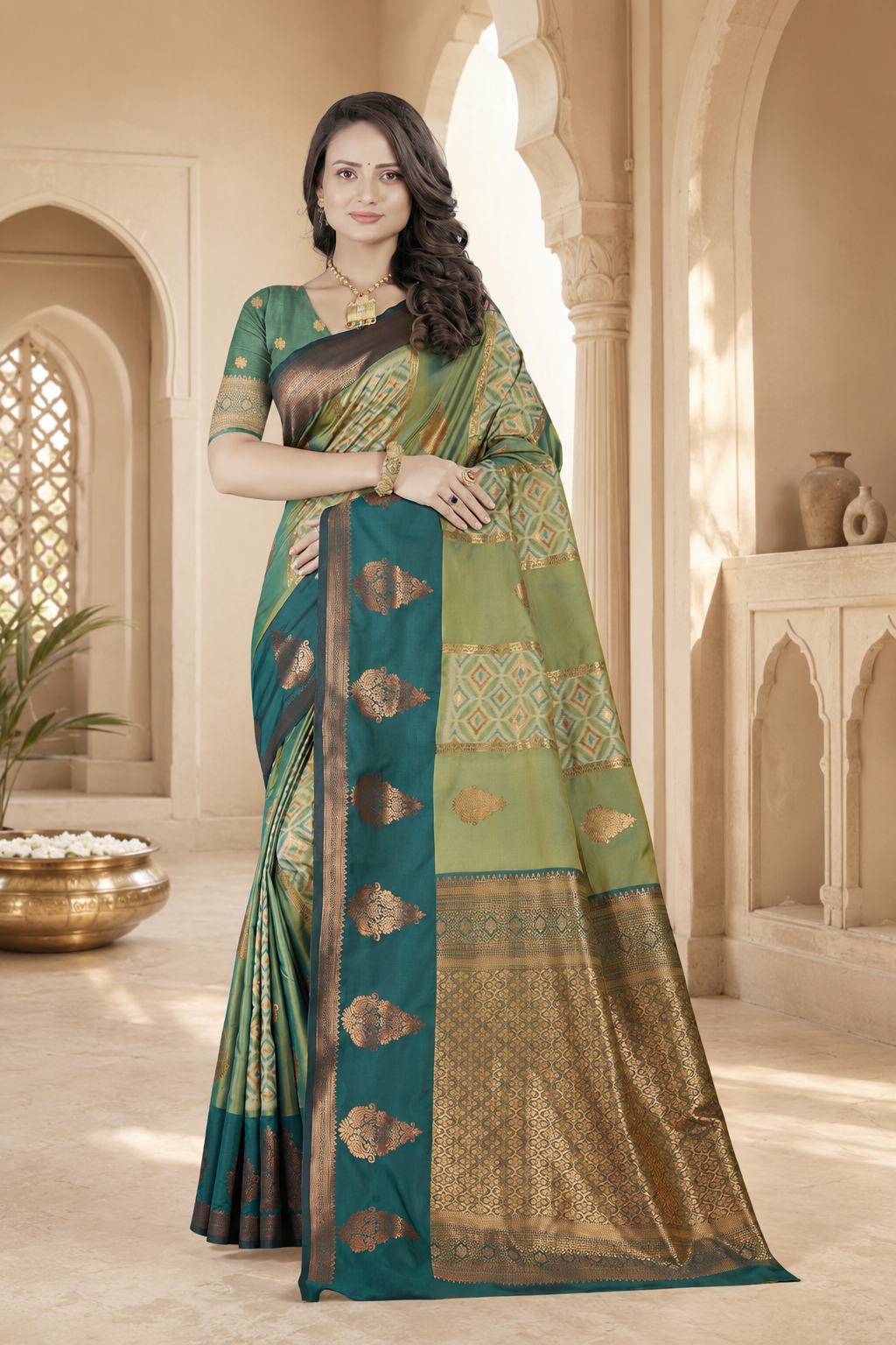 Satin Silk Saree with Gold Zari Geometric Meena Weave & Pallu Blouse Piece