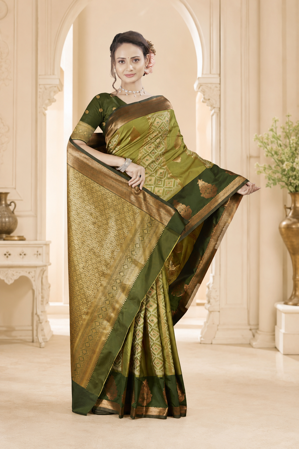 Satin Silk Saree with Gold Zari Geometric Meena Weave & Pallu Blouse Piece