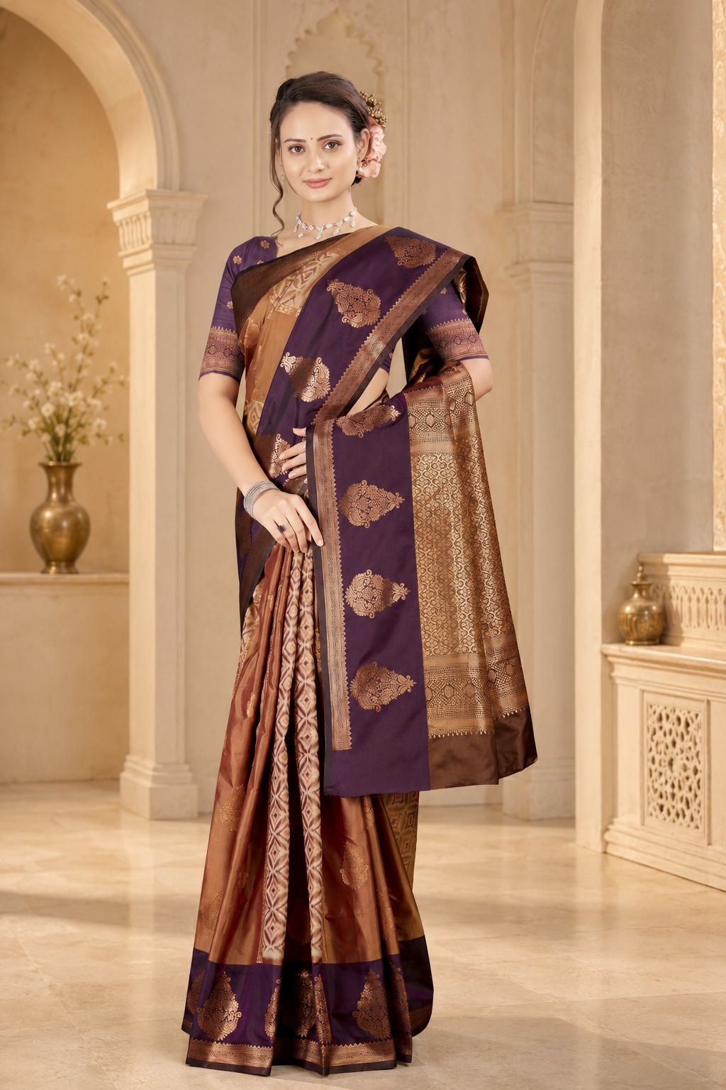 Satin Silk Saree with Gold Zari Geometric Meena Weave & Pallu Blouse Piece