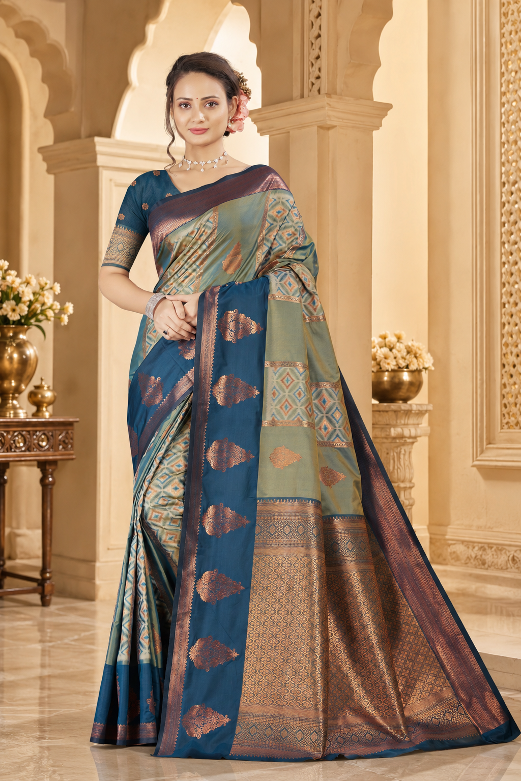 Satin Silk Saree with Gold Zari Geometric Meena Weave & Pallu Blouse Piece
