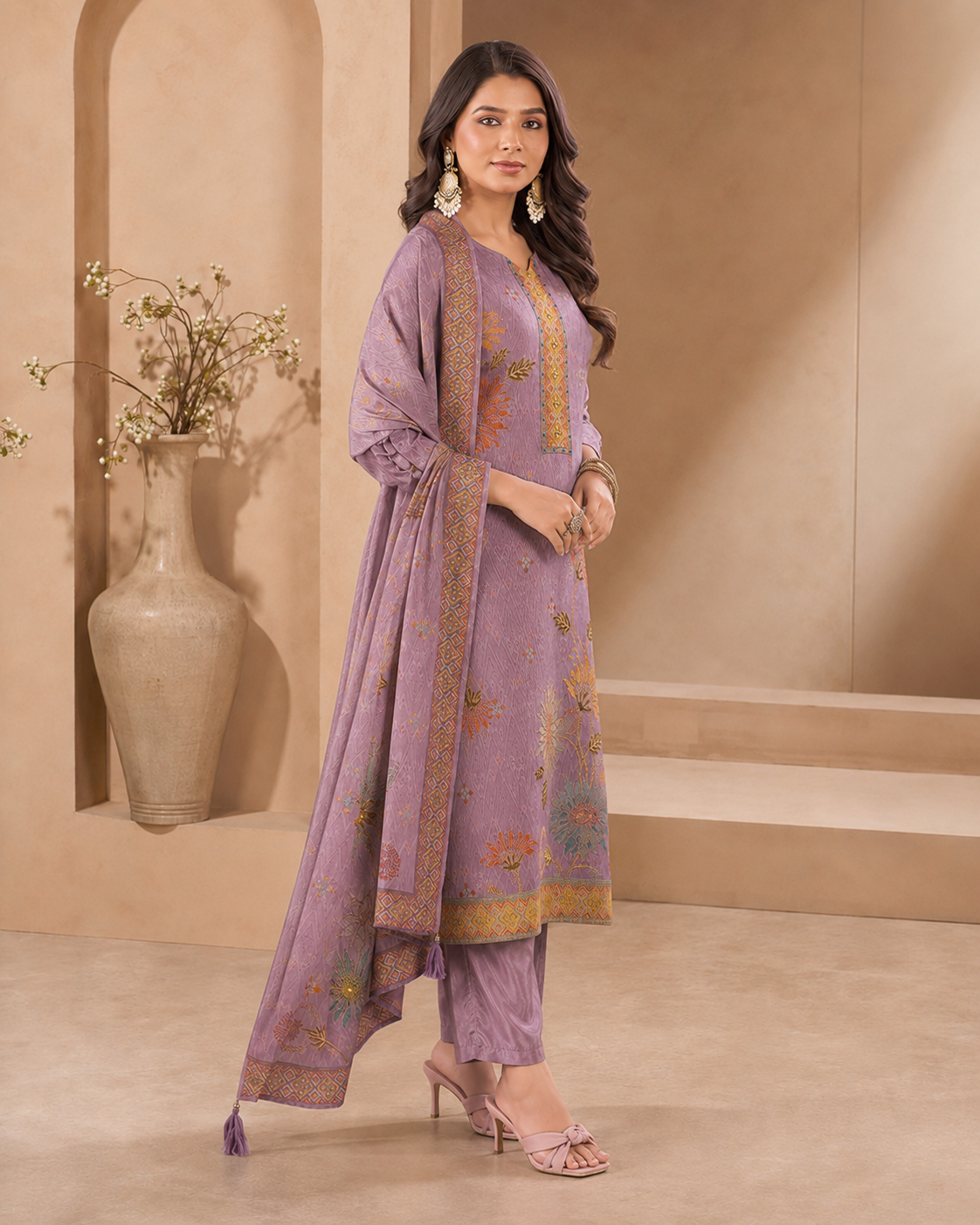 Dola Silk Kardana Hand-Work 3-Piece Kurti Set with Digital Floral Print Dupatta