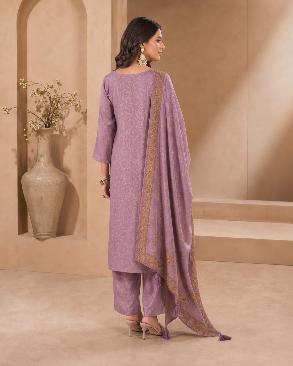 Dola Silk Kardana Hand-Work 3-Piece Kurti Set with Digital Floral Print Dupatta