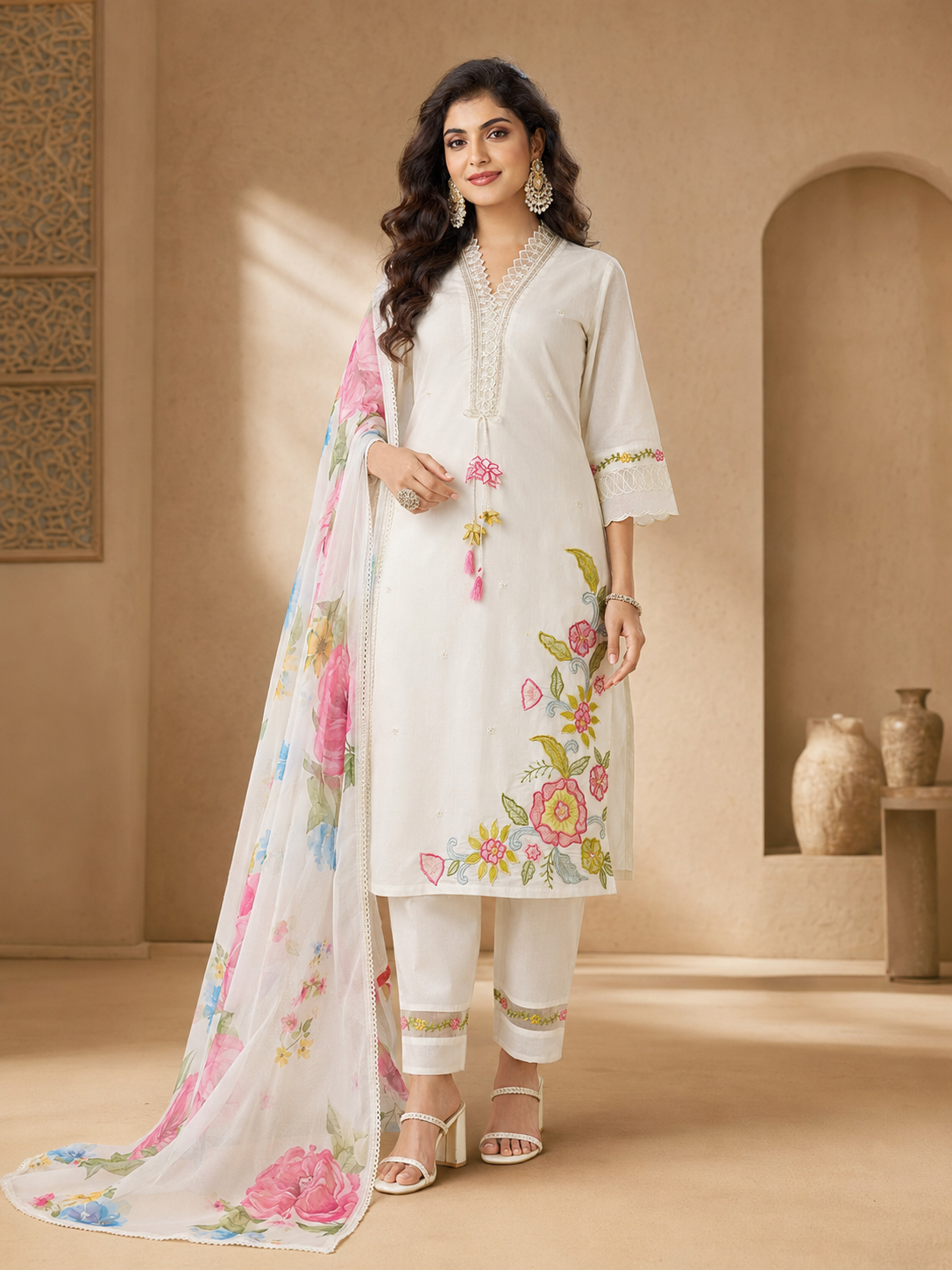 Roman Anarkali Kurti Set with Organza Embroidered Dupatta
