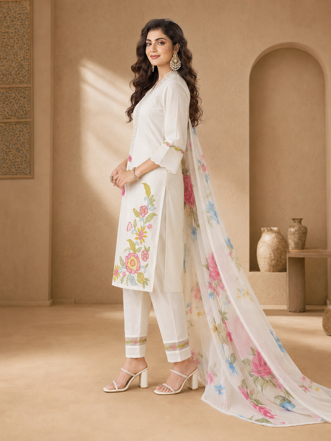 Roman Anarkali Kurti Set with Organza Embroidered Dupatta
